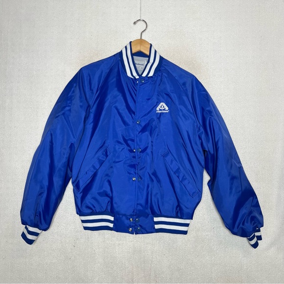 Vintage Blue Albertsons Dunbrooke Made In USA Satin Bomber Varsity Jacket Size L - Picture 1 of 7